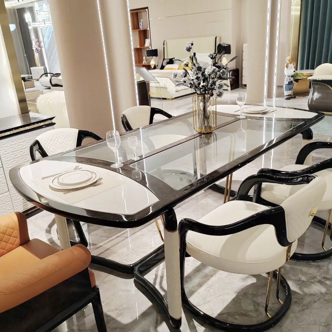 MR Light Luxury High-end Beech Wood base with Marble Dining Table With 6 Chairs Luxury Villa Dining Room Sets Furniture