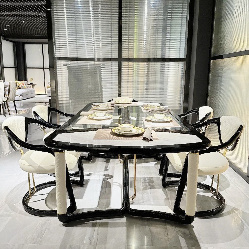 MR Light Luxury High-end Beech Wood base with Marble Dining Table With 6 Chairs Luxury Villa Dining Room Sets Furniture
