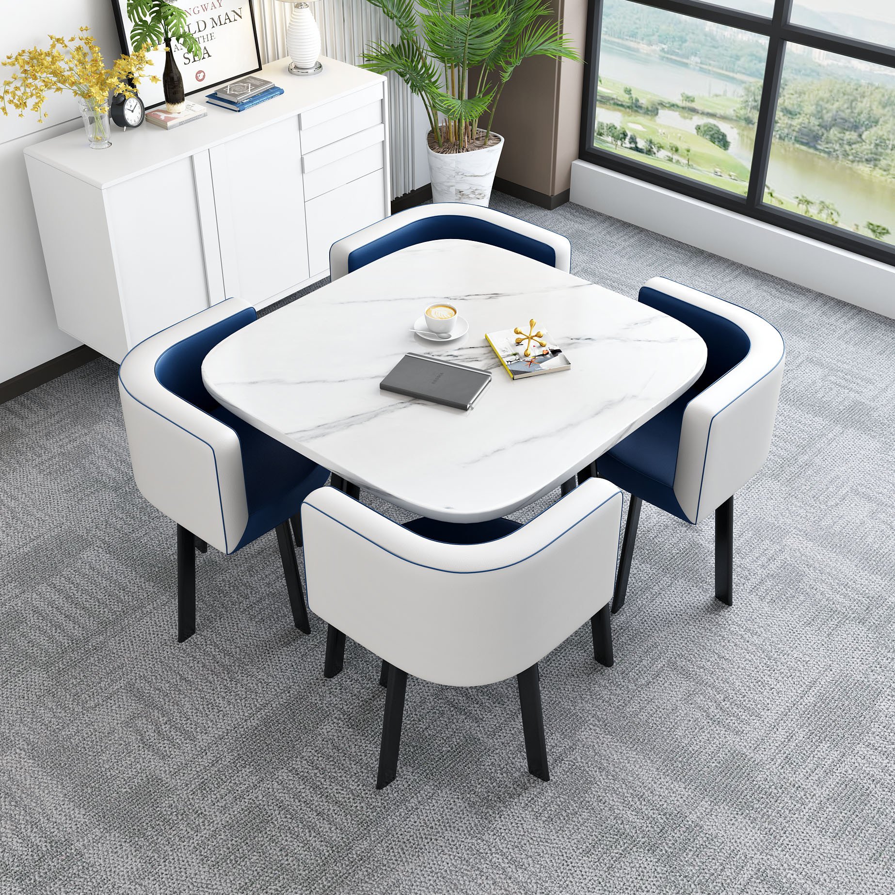 Wholesale dining chairs modern luxury dining table set 4 chairs leather visitor hotel chair metal leg square dining table