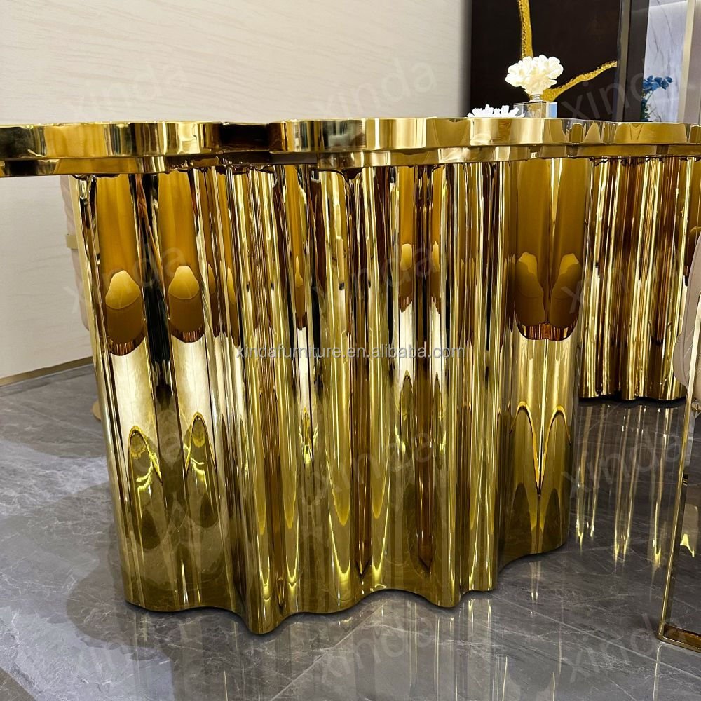 Villa Italian gold stainless steel oval kitchen table set 6 chair luxury dining table set with 6 chairs dining table for kitchen