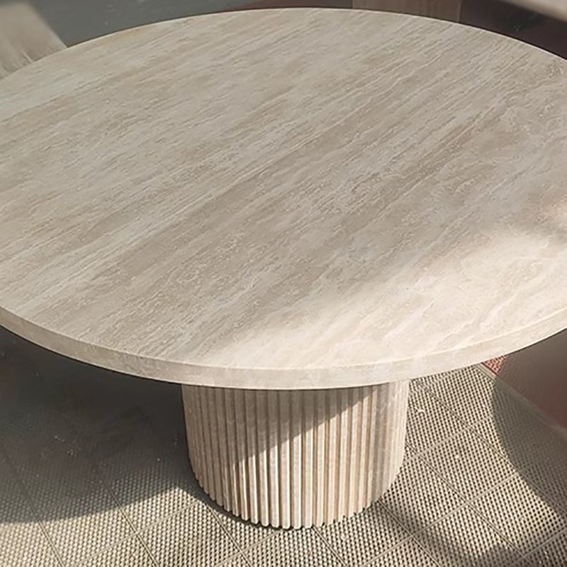 Customized Nordic Style Carved Fluted Round Beige Travertine Dining Table Living Room Stone Furniture Travertine Dining Table
