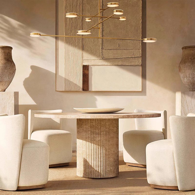 Customized Nordic Style Carved Fluted Round Beige Travertine Dining Table Living Room Stone Furniture Travertine Dining Table