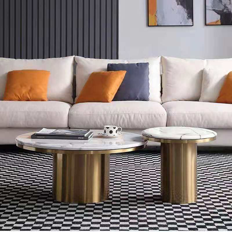 wholesale modern round coffee table set 2 luxury marble top gold stainless steel living room center table with side table