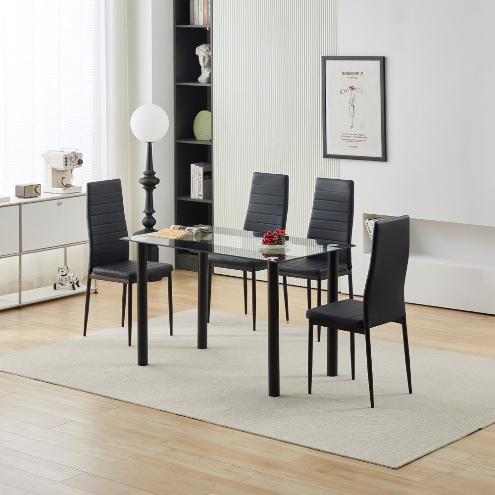 Modern Dining Room Furniture Faux Leather Dining Chair and Black Round Tube Metal Table Leg Glass Dining Table