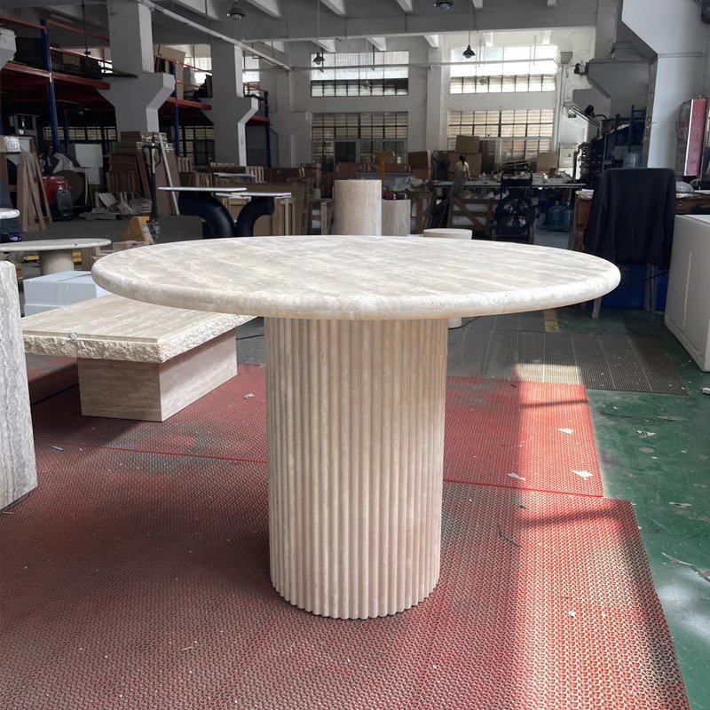 Customized Natural Stone Furniture Beige Travertine Round Dining Table for Villa