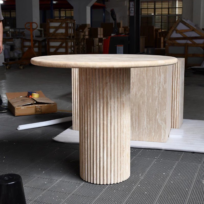 Customized Natural Stone Furniture Beige Travertine Round Dining Table for Villa