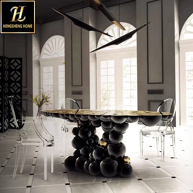 Luxury eettafel Set For 8 Portuguese Latest Design Stainless Steel Oval black Creative bubble Dining table Dining Table