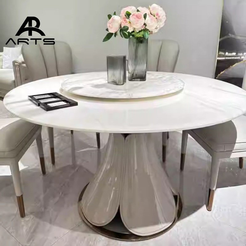 Italian light luxury natural marble round dining set white round table luxury stone 6 8 seats for dining room furniture