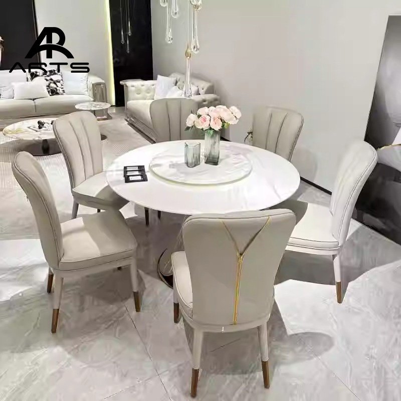 Italian light luxury natural marble round dining set white round table luxury stone 6 8 seats for dining room furniture