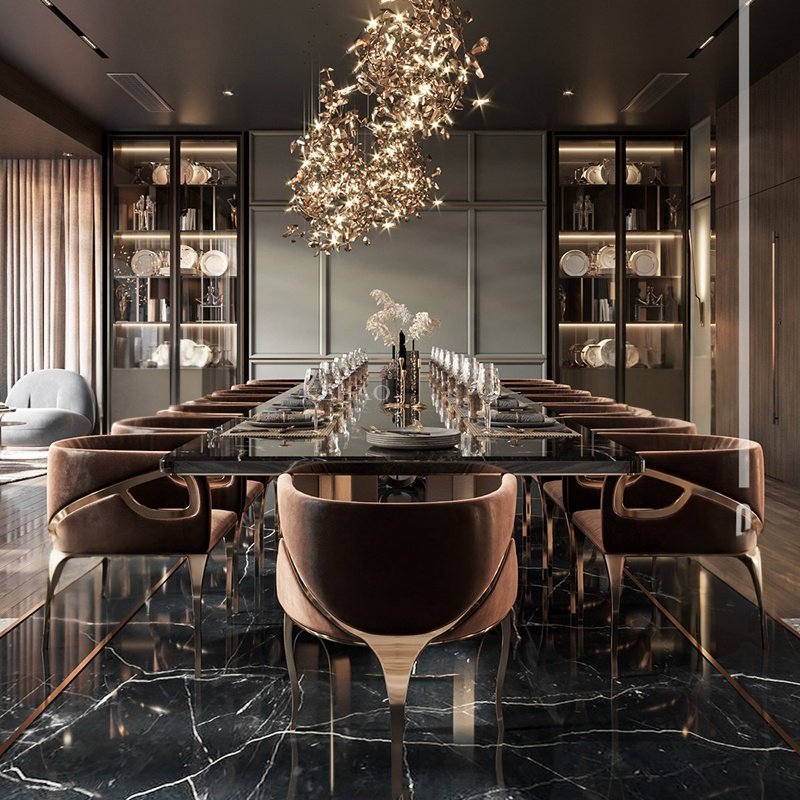 Italian Dining Room Furniture Stainless Steel Frame Large Dining Table Black Marble Top Restaurant Dining Table