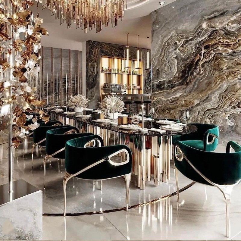 Italian Dining Room Furniture Stainless Steel Frame Large Dining Table Black Marble Top Restaurant Dining Table