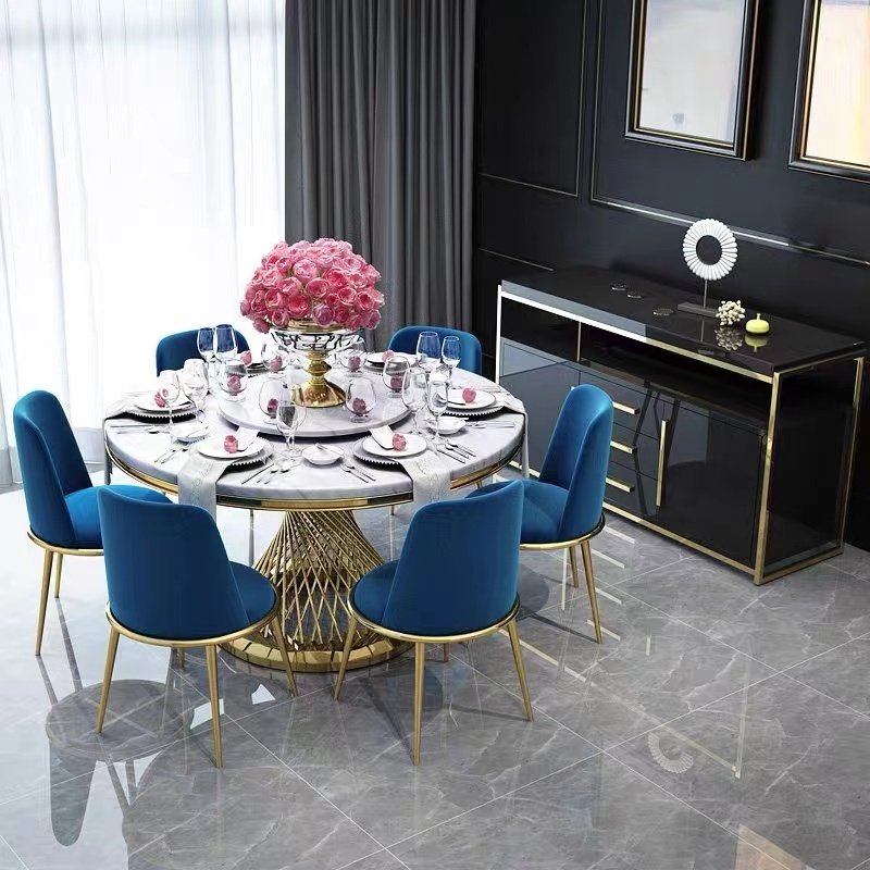 Luxury golden round wedding dining table and 6 chairs set foshan dining room furniture factory wholesale