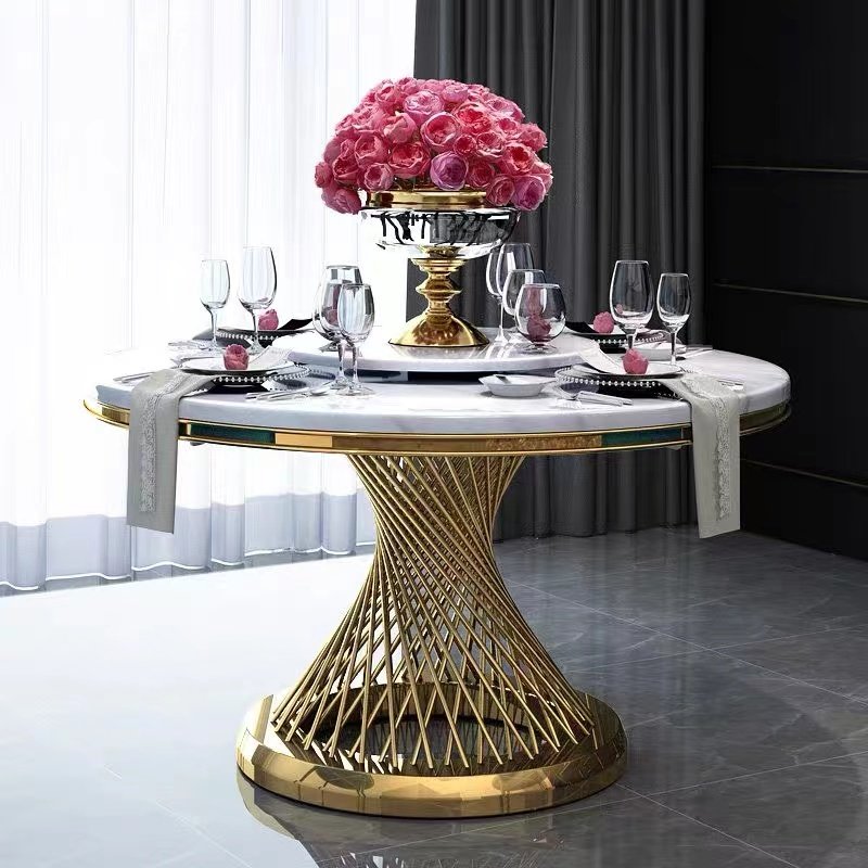 Luxury golden round wedding dining table and 6 chairs set foshan dining room furniture factory wholesale