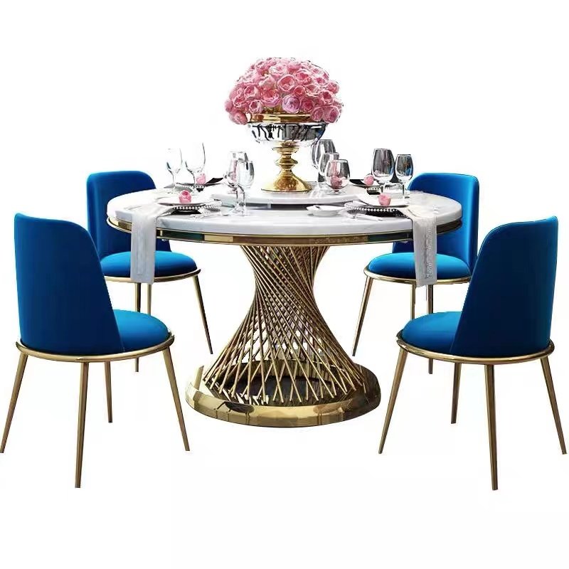 Luxury golden round wedding dining table and 6 chairs set foshan dining room furniture factory wholesale