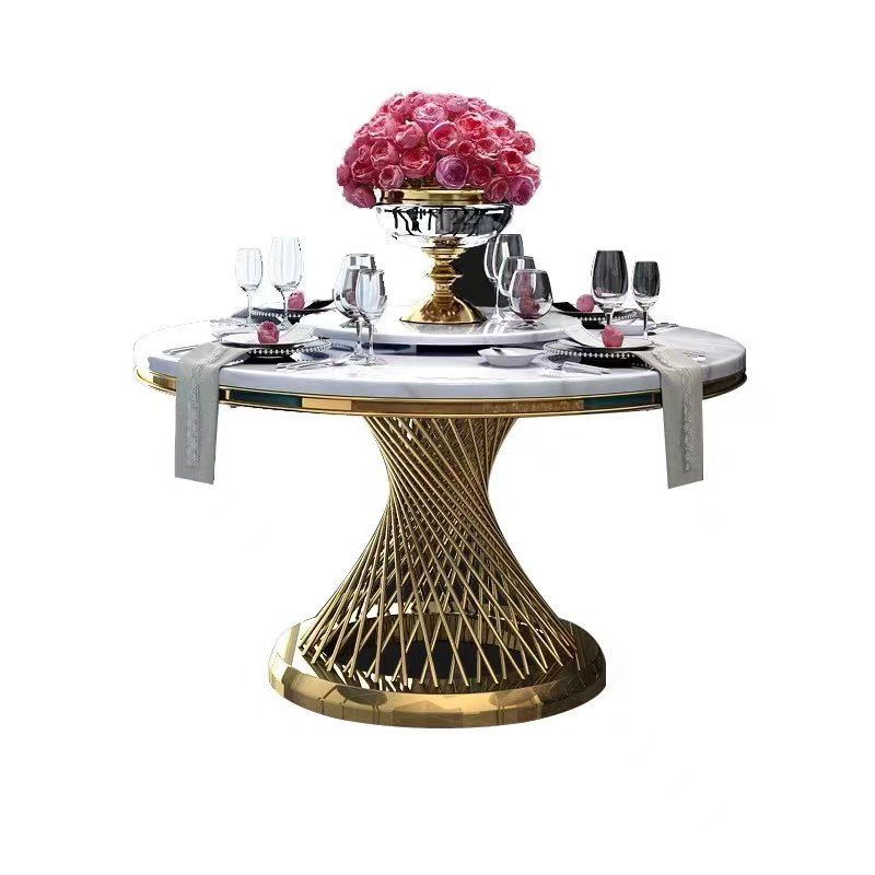 Luxury golden round wedding dining table and 6 chairs set foshan dining room furniture factory wholesale