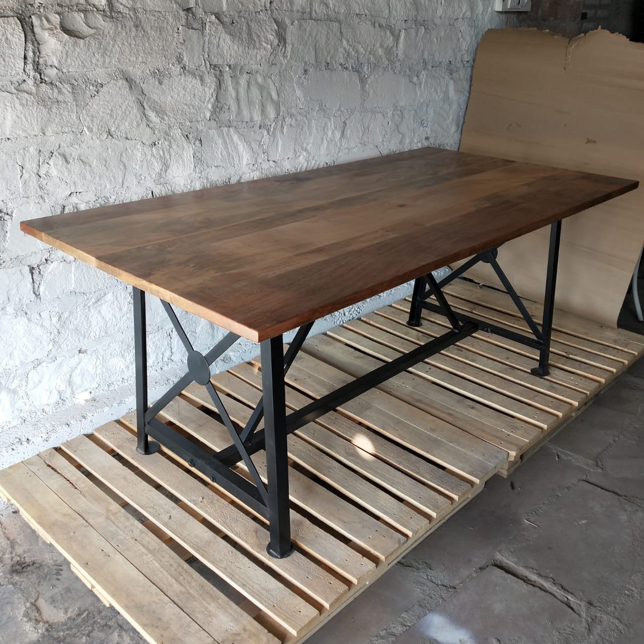 Modern and Antique Style Dining Table Solid Wood and Metal Folded Design for Home Office Workshop Furniture