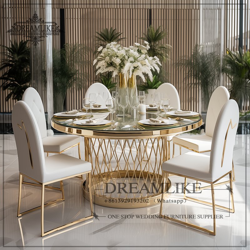 Luxury Stainless Steel Round Banquet Party Dining Dinner Glass Serpentine Wedding Cake Table for Event