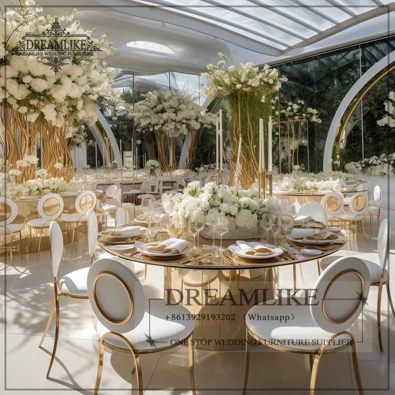 Luxury Stainless Steel Round Banquet Party Dining Dinner Glass Serpentine Wedding Cake Table for Event