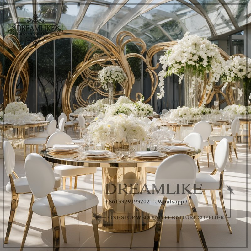 Luxury Stainless Steel Round Banquet Party Dining Dinner Glass Serpentine Wedding Cake Table for Event