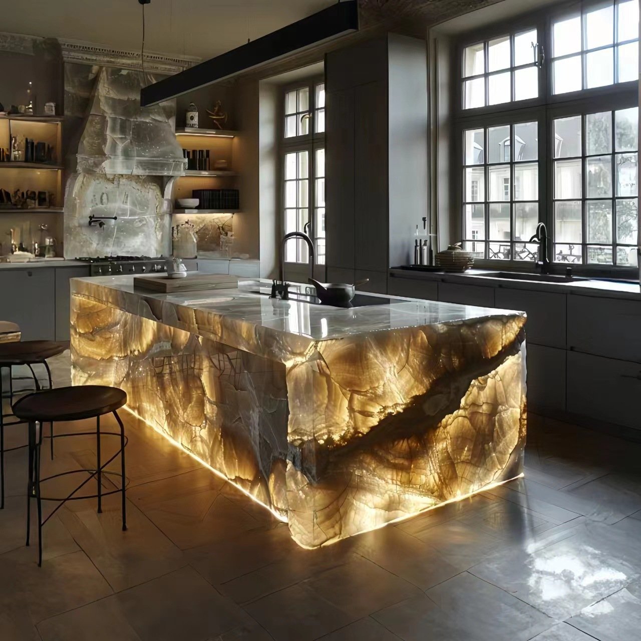 Brand New Product Art Luminous Jade kitchen Island Table Luxury Marble Dining Table With Sink Luxury Furniture