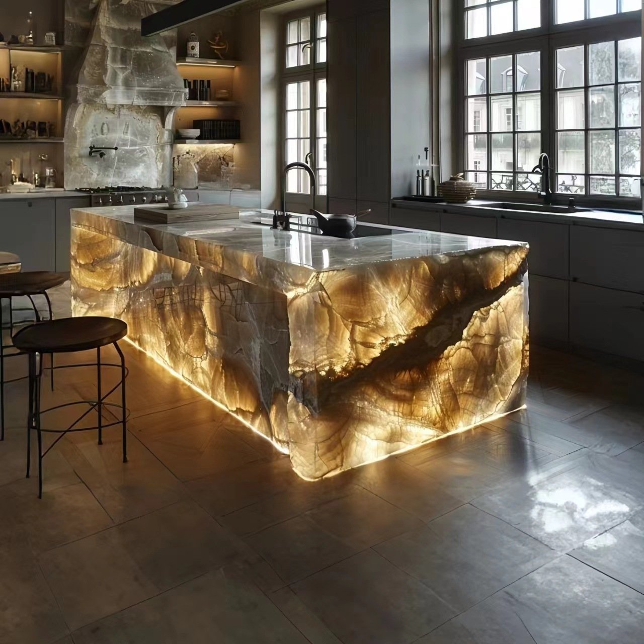 Brand New Product Art Luminous Jade kitchen Island Table Luxury Marble Dining Table With Sink Luxury Furniture