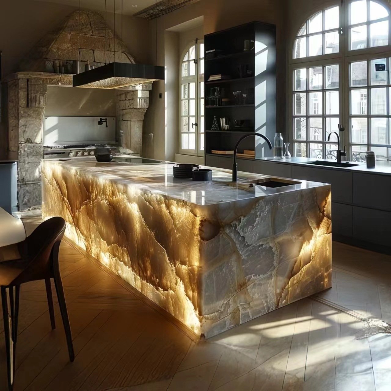 Brand New Product Art Luminous Jade kitchen Island Table Luxury Marble Dining Table With Sink Luxury Furniture