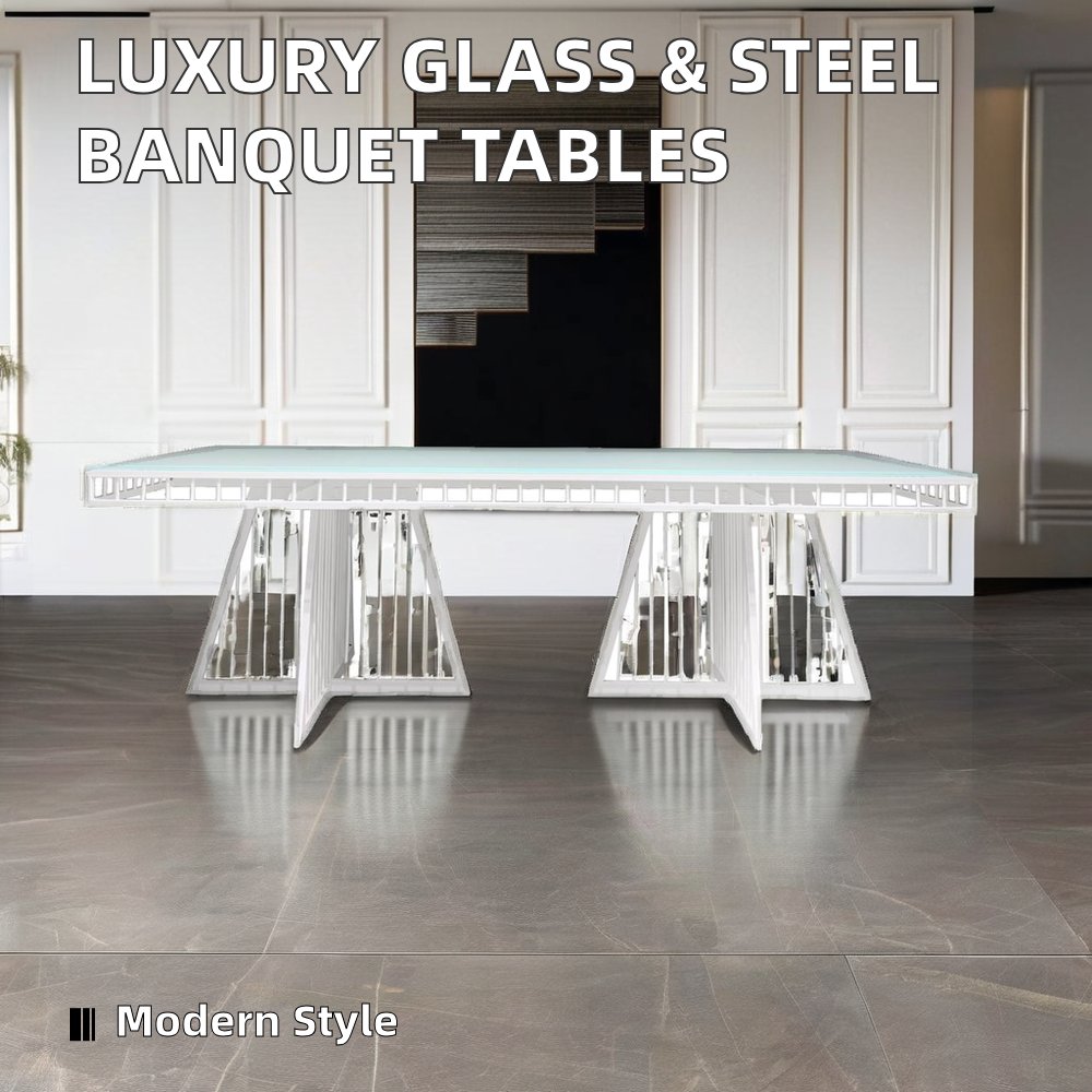 Modern Luxury Glass Stainless Steel Banquet Tables for Weddings and Parties for Dining Rooms Outdoor Spaces Halls