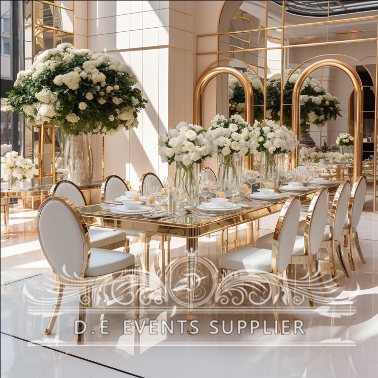 New design white black mirror glass top mdf 10 people gold stainless steel wedding hotel event table