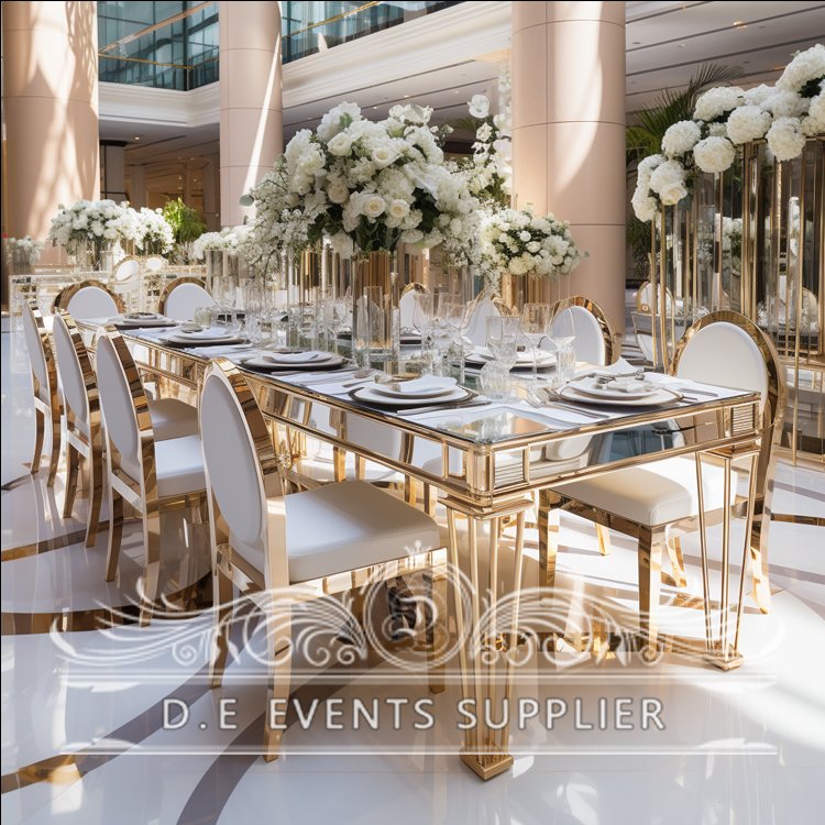 New design white black mirror glass top mdf 10 people gold stainless steel wedding hotel event table