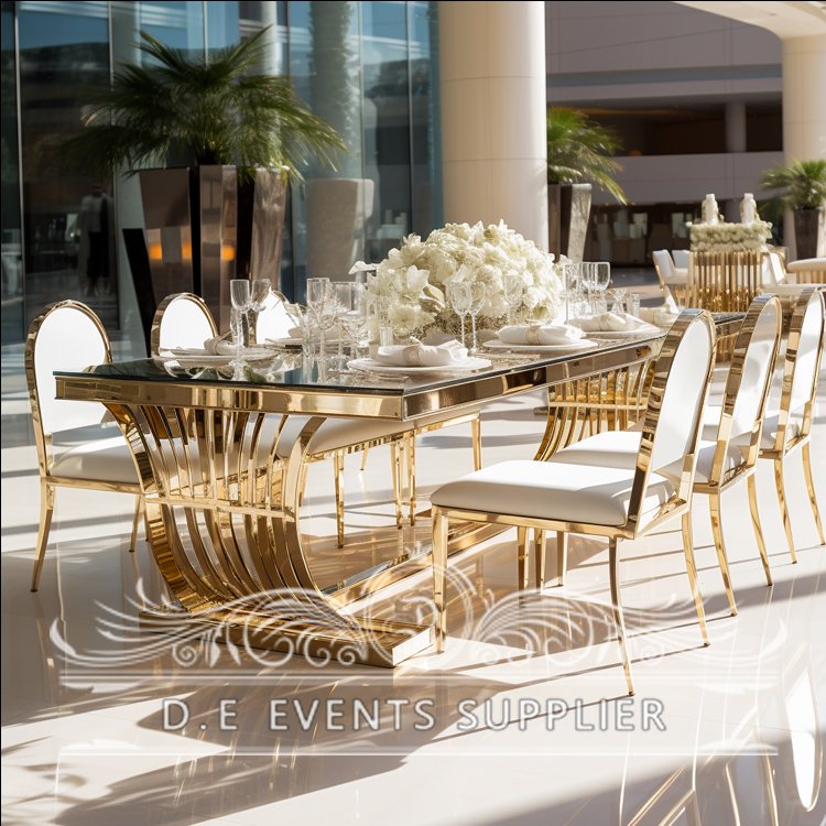New design white black mirror glass top mdf 10 people gold stainless steel wedding hotel event table