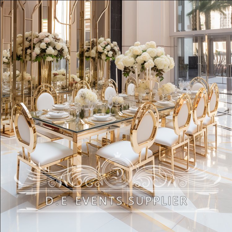 New design white black mirror glass top mdf 10 people gold stainless steel wedding hotel event table