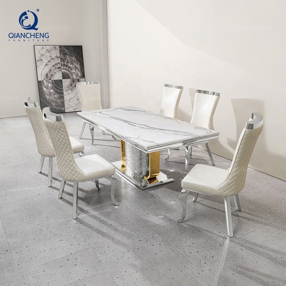 Villa furniture manufacturer guangzhou modern 12 seater hammered dining table set metal white quartz stone top dinning table