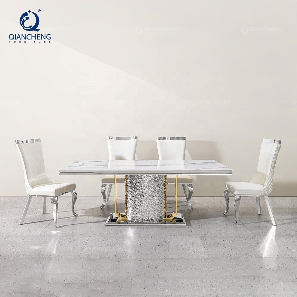 Villa furniture manufacturer guangzhou modern 12 seater hammered dining table set metal white quartz stone top dinning table