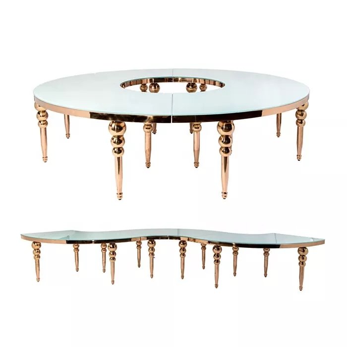 Manufacturer supplier luxurious MDF stainless steel base half moon wedding banquet dining table