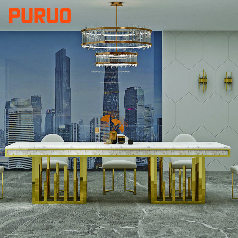 Modern style gold dining table with chair metal base stainless steel home furniture marble top luxury dining table sets