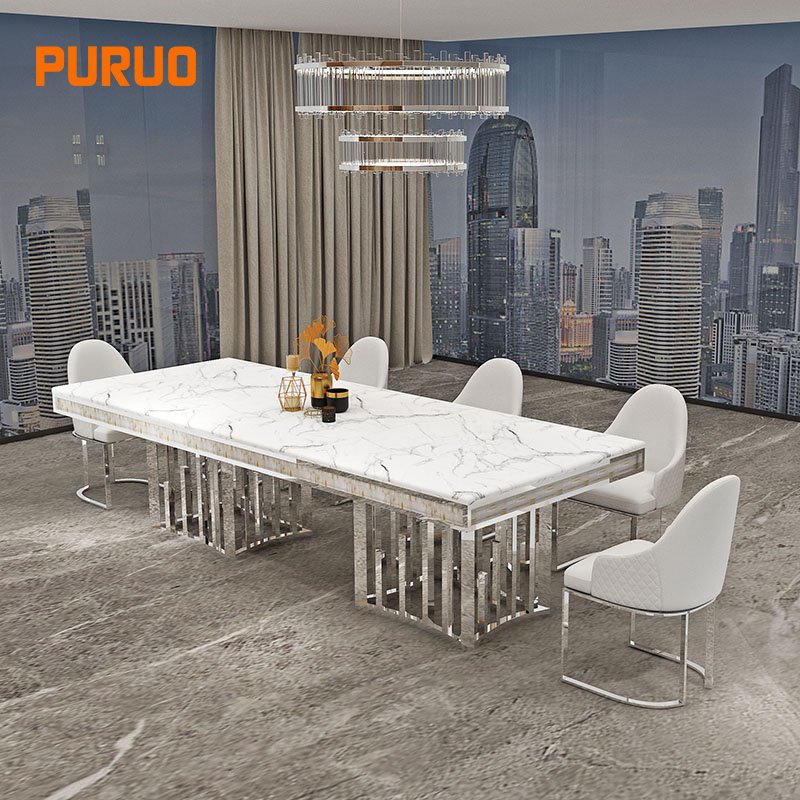 Modern style gold dining table with chair metal base stainless steel home furniture marble top luxury dining table sets