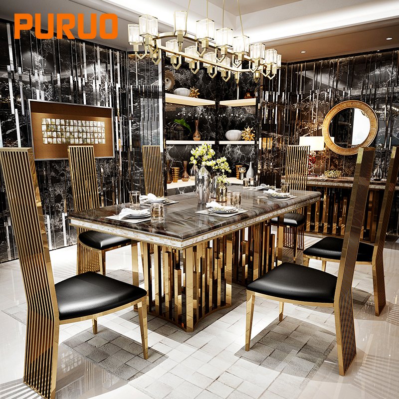 Modern style gold dining table with chair metal base stainless steel home furniture marble top luxury dining table sets