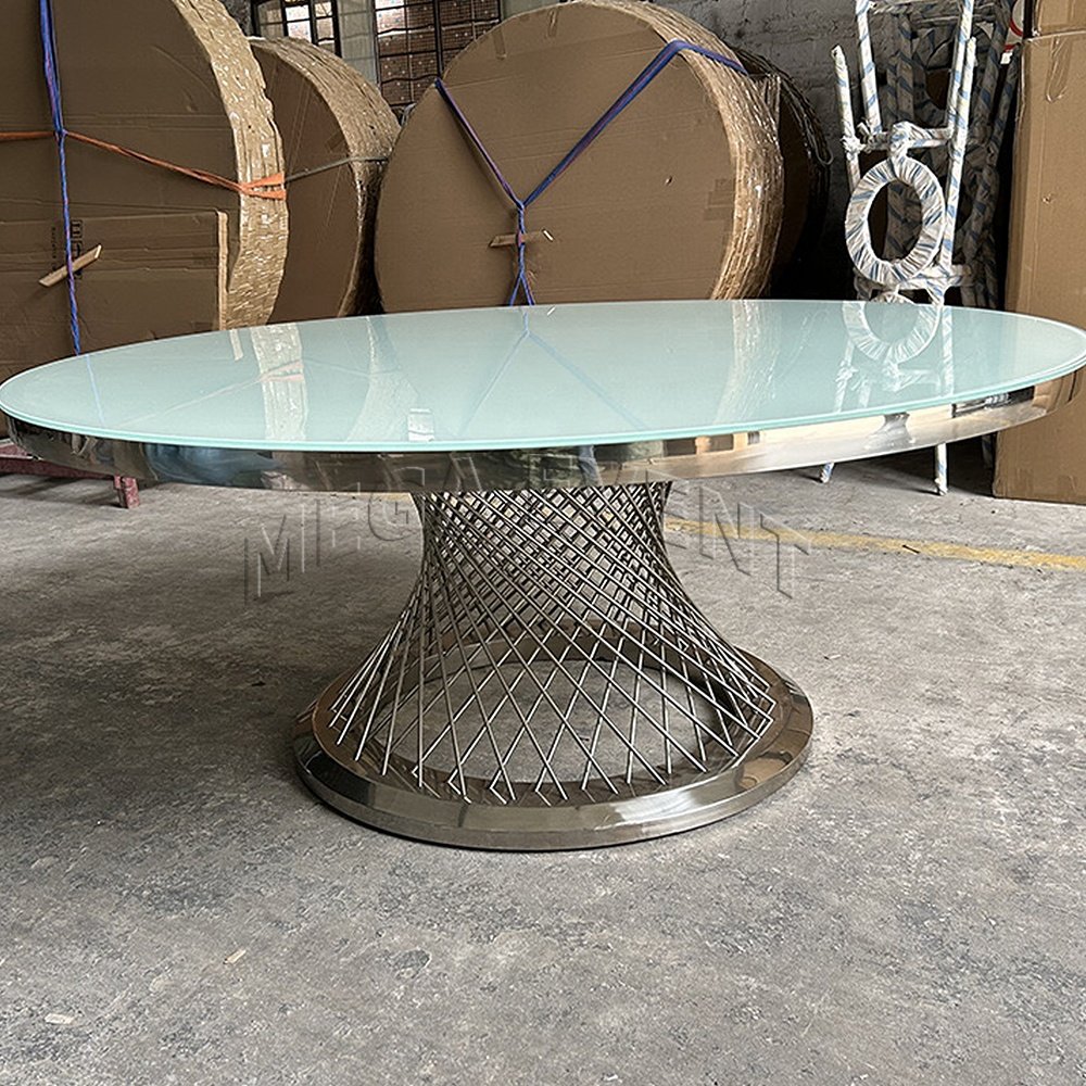 Stainless steel round dining table for event hotel furniture banquet table for reception wedding events glass top dining table
