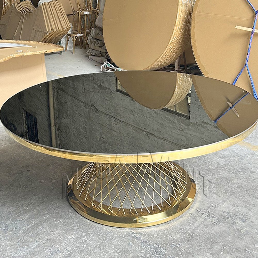 Stainless steel round dining table for event hotel furniture banquet table for reception wedding events glass top dining table