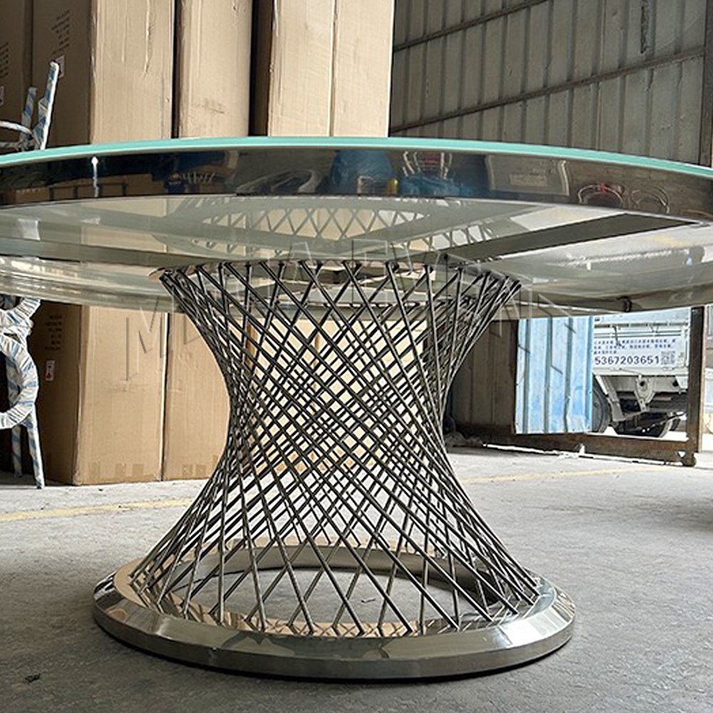 Stainless steel round dining table for event hotel furniture banquet table for reception wedding events glass top dining table