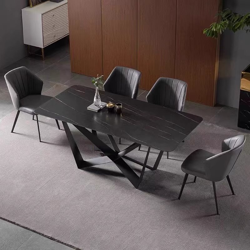Minimalist Unique Style Modern Rectaurant Dinning Table Sets Black Stone Top Luxury Dining Table With Chair
