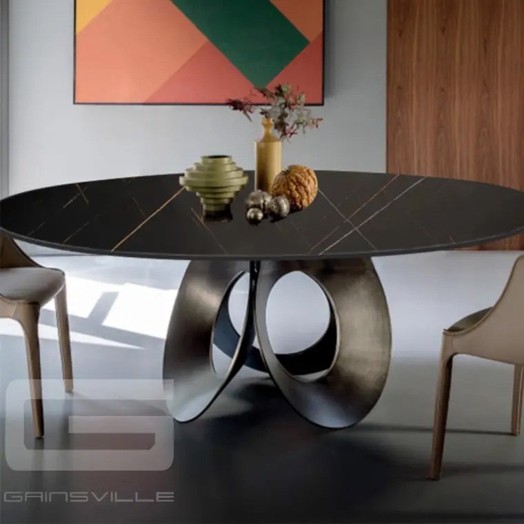 Hot Sale Modern Slate And Marble Top Dining Table Set With Gold Stainless Steel Frame For Dining Room Furniture