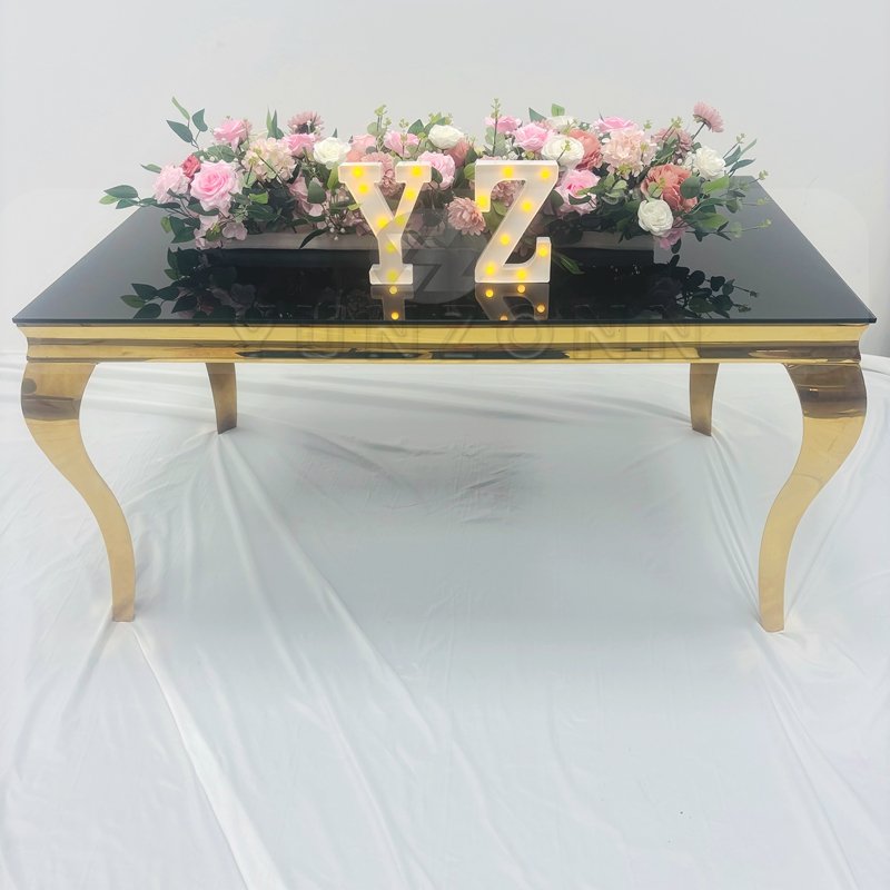 European Style Dining Table Set Wholesale Modern Black Tempered Glass with Stainless Steel for Banquets or Hotels