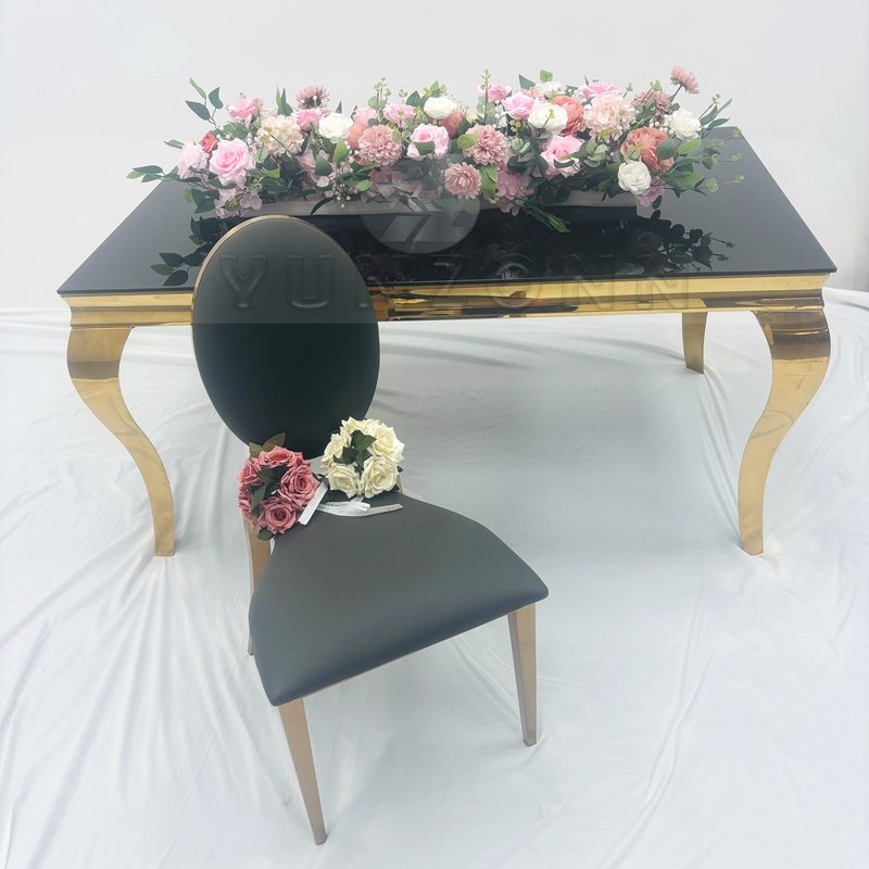 European Style Dining Table Set Wholesale Modern Black Tempered Glass with Stainless Steel for Banquets or Hotels