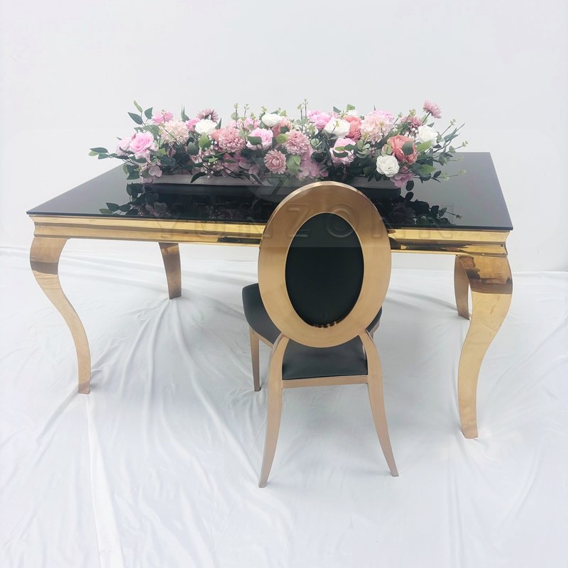 European Style Dining Table Set Wholesale Modern Black Tempered Glass with Stainless Steel for Banquets or Hotels
