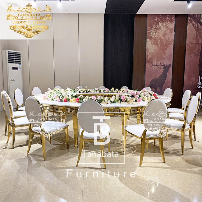 Banquet Furniture Half Round Gold Stainless Steel Serpentine Dining Table Modern
