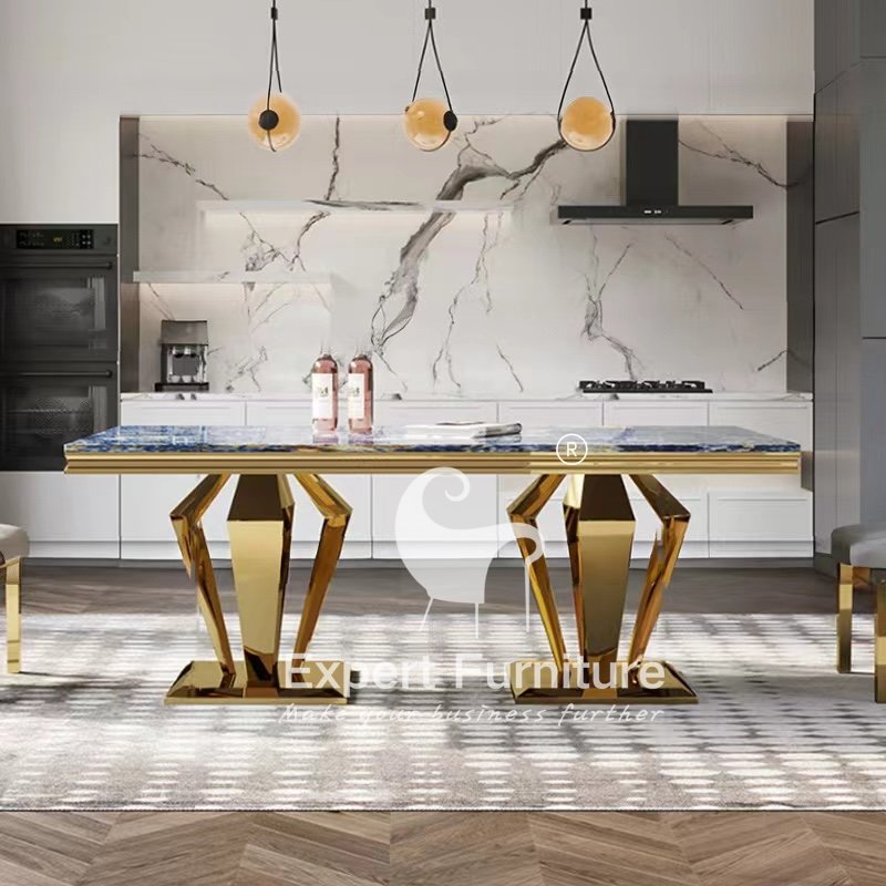 modern extended hotel home restaurant furniture gold stainless steel base marble top dining table