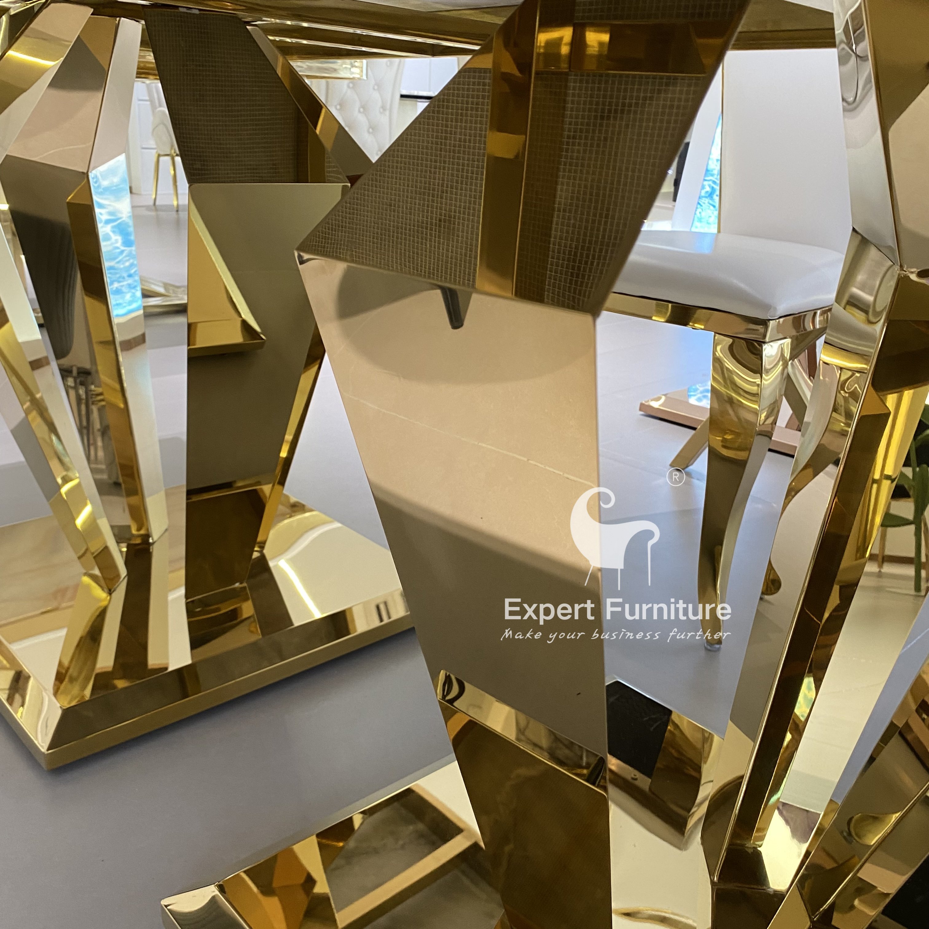 modern extended hotel home restaurant furniture gold stainless steel base marble top dining table