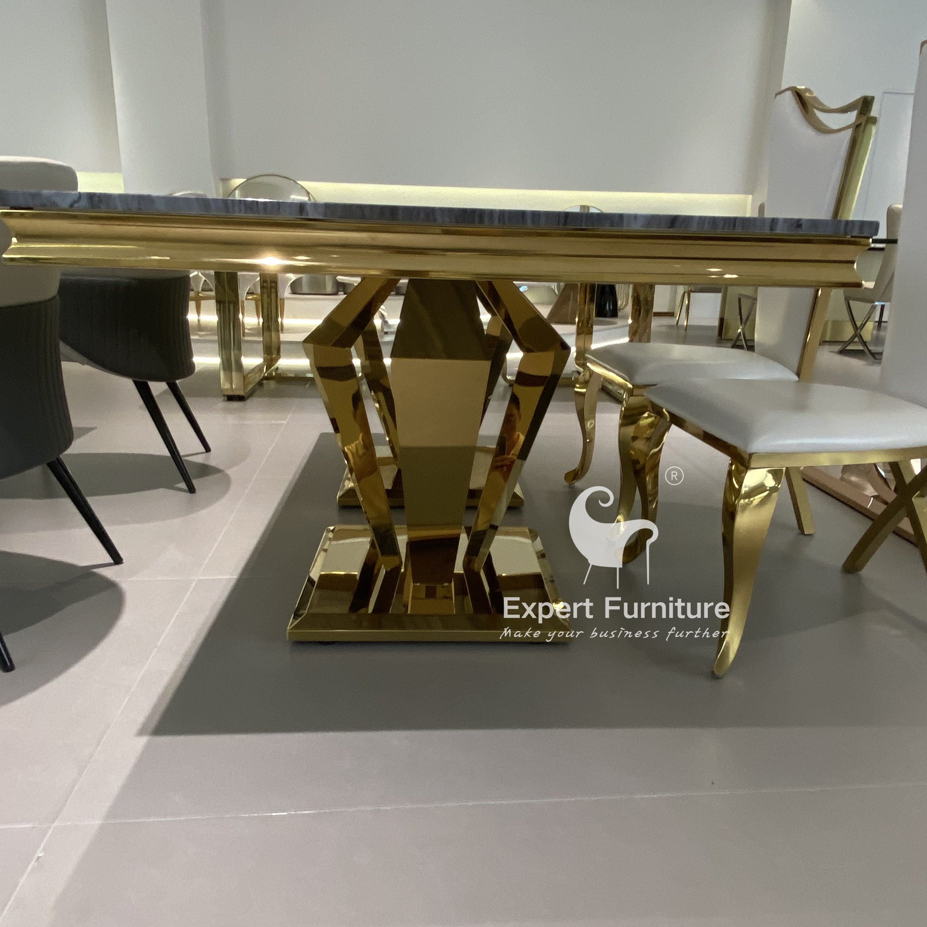 modern extended hotel home restaurant furniture gold stainless steel base marble top dining table