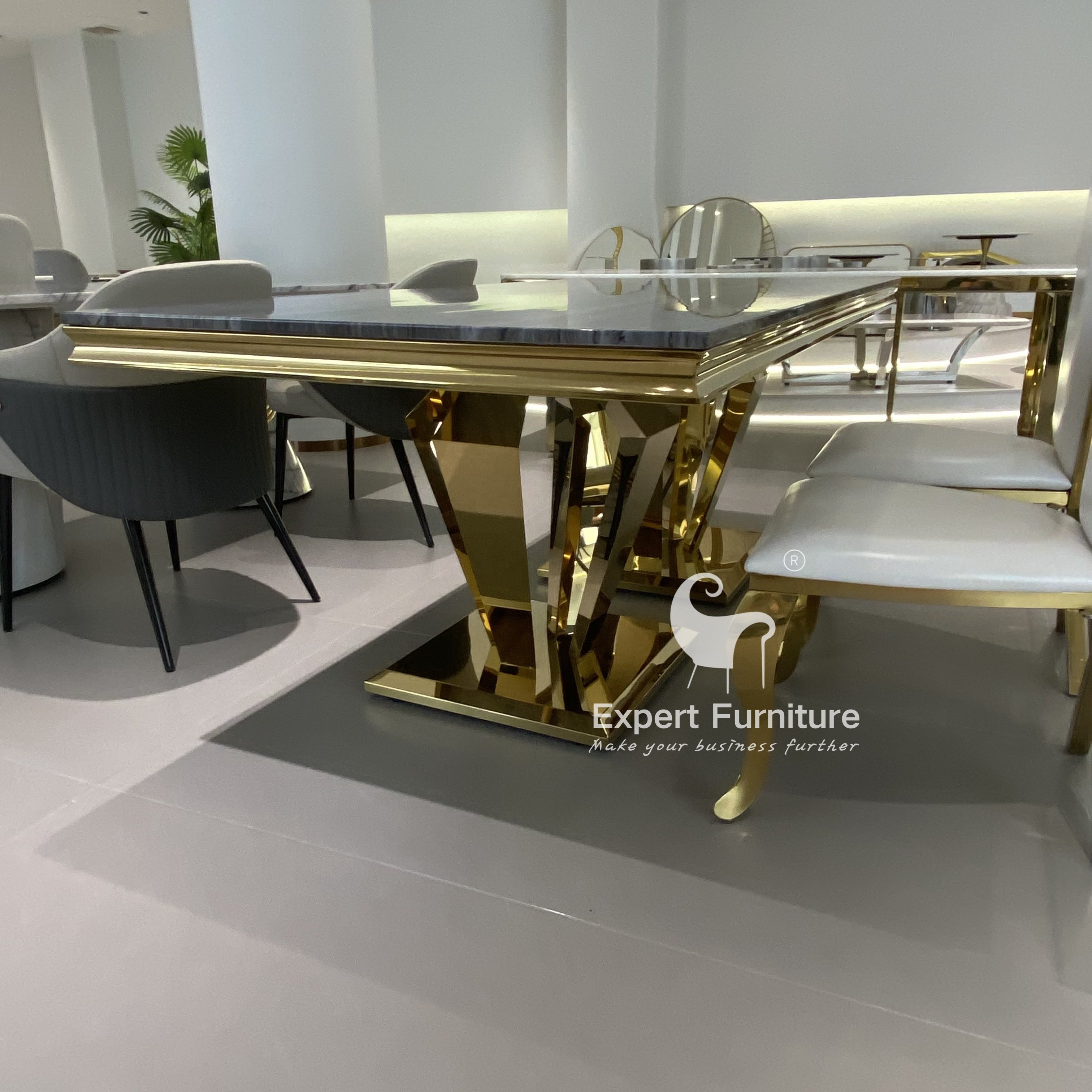 modern extended hotel home restaurant furniture gold stainless steel base marble top dining table
